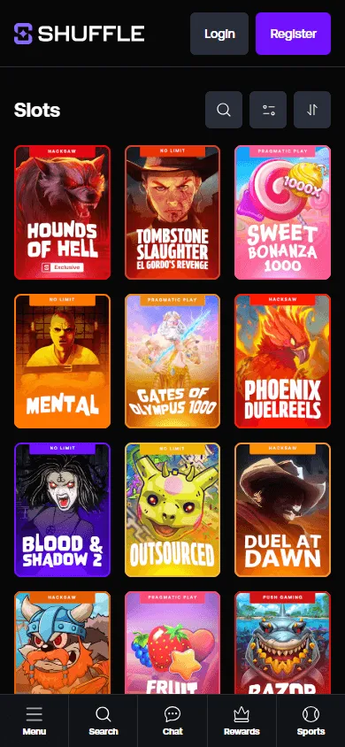 Shuffle Casino games area on a mobile phone
