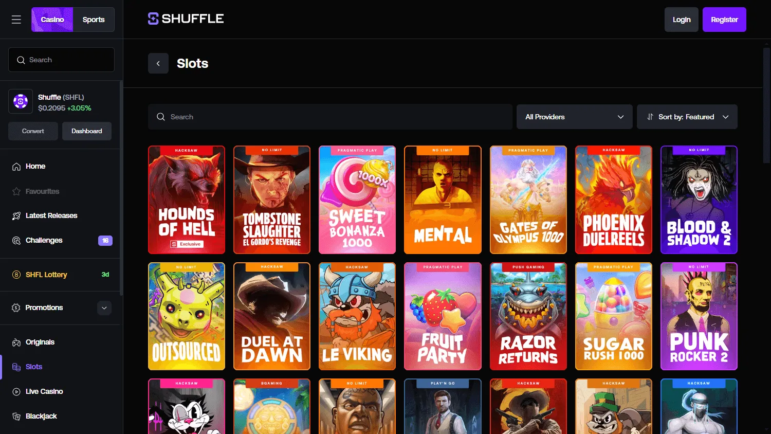 Shuffle Casino games area on desktop