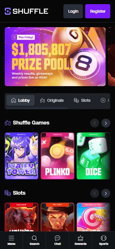 Shuffle Casino home page on a mobile phone