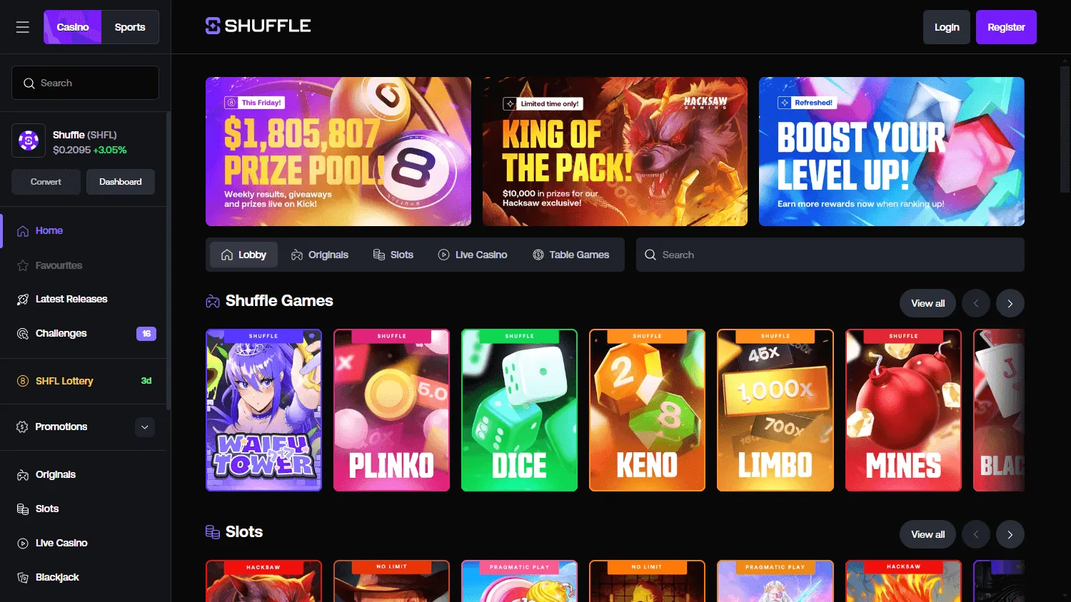 Shuffle Casino home page on desktop
