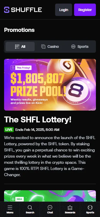 Shuffle Casino promotions area on a mobile phone