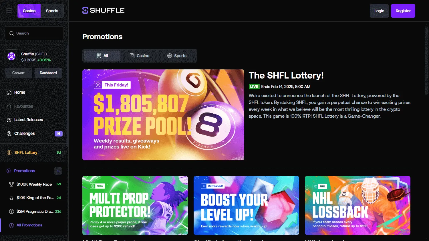 Shuffle Casino promotions area on desktop